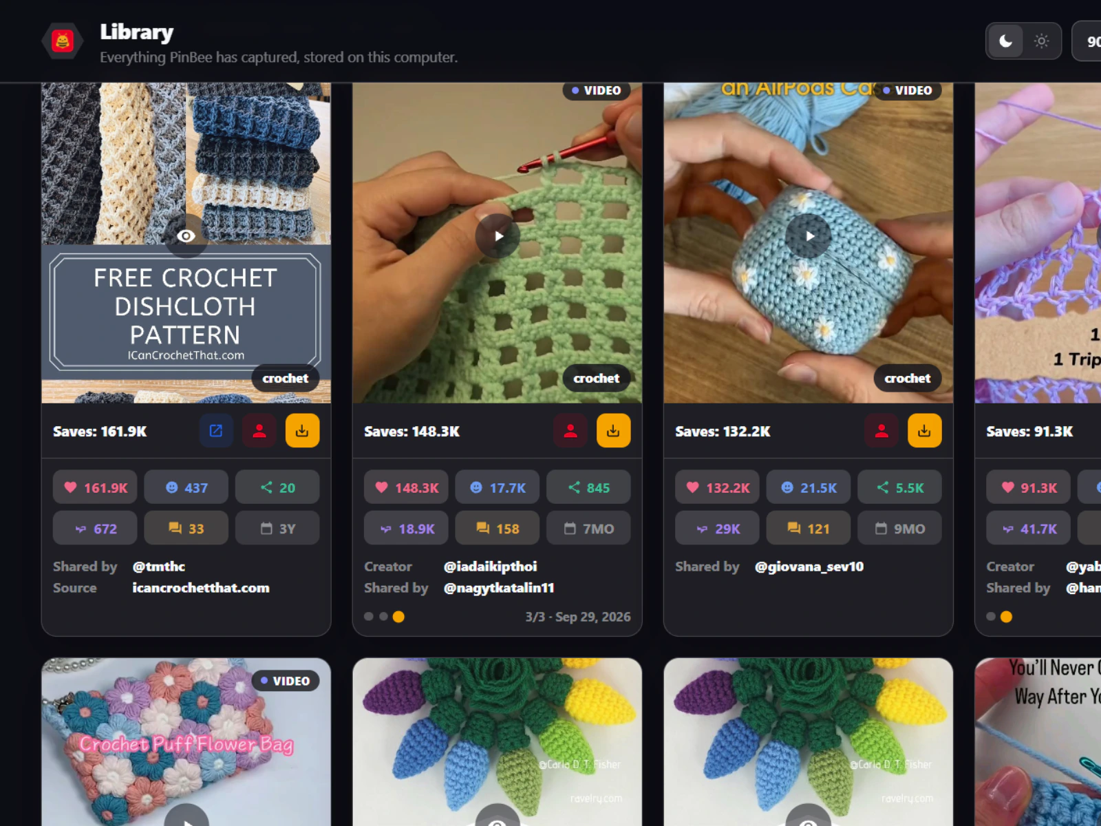 PinBee Library cards with stats, creator and source